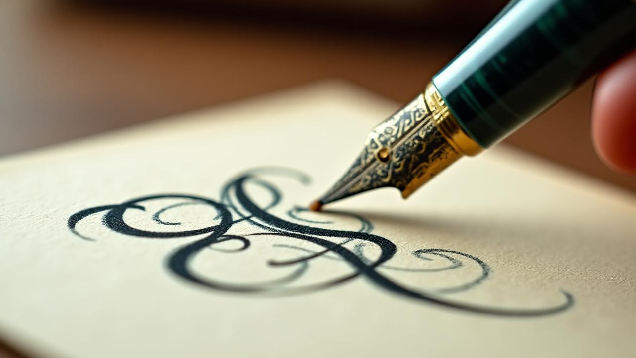 Primer plano de una pluma de caligrafía elegante creando un trazo hermoso sobre papel antiguo