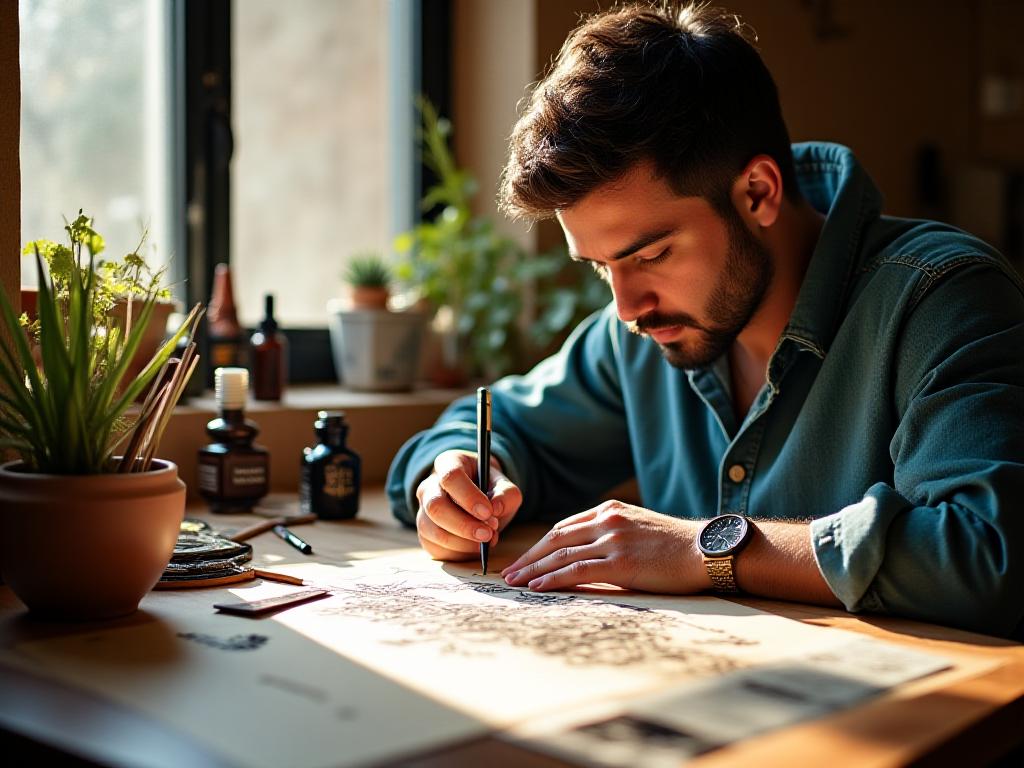 Calígrafo principal, [Nombre del Calígrafo], trabajando en su estudio con plumas y tinta, en un ambiente creativo e inspirado.